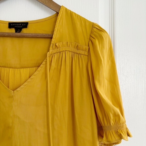 Current Air Tie Neck Blouse Small Mustard Anthropologie - Picture 2 of 6